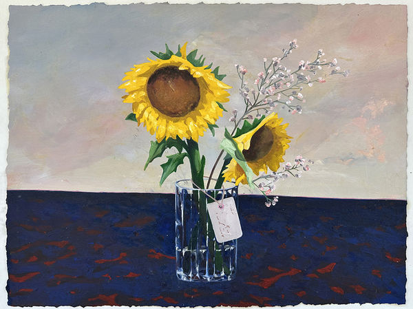 Painting of two flowers in a glass vase