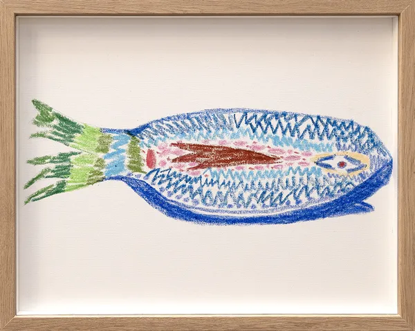Framed drawing of a blue fish with red fins and a green tail