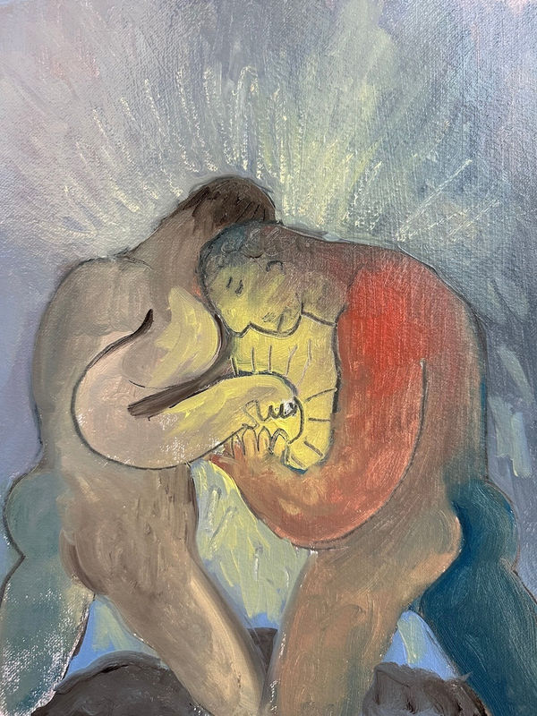 Carlos Rodriguez - painting on paper of two nude men facing one another one hand holding the glowing ball in between them. They have their other hand around each other's shoulder. The background seems to be at night with dark shade of blue.
