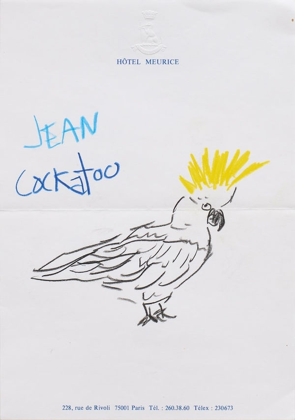 sketch of a a bird with the words "Jean Cockatoo" written next to it on hotel stationary