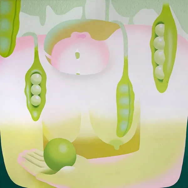 Painting of a naked woman holding a large green round object. Surrounding her are large dangling pea pods.