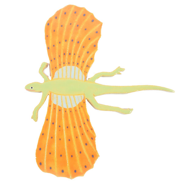 ceramic wall hanging of a prehistoric lizard with large orange side gills and a light green body