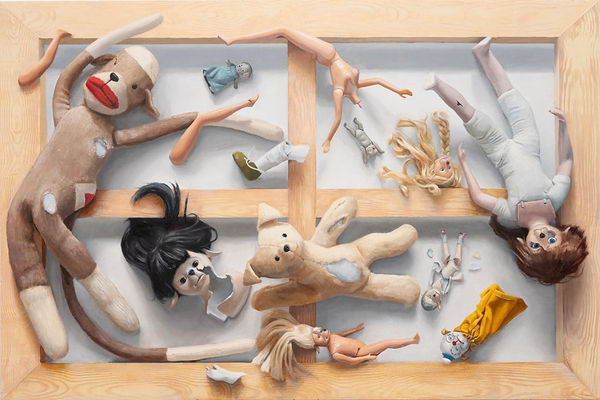 painting of broken dolls and stuffed animals suspended in the air