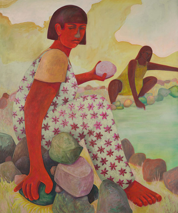 painting by artist genevieve cohn of two woman squatting at a river bank, holding various sized rocks against a slightly clouded sky