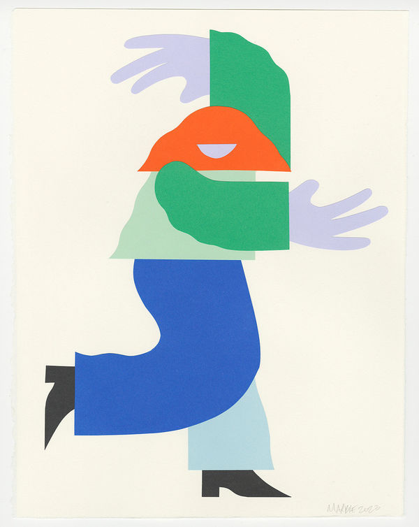 A paper figure on a beige background seems to dance, one leg in the hair behind her, her arms stretched above and below her head with palms spread wide. She wears blue pants, black boots, green shirt, and has orange hair and purple skin.