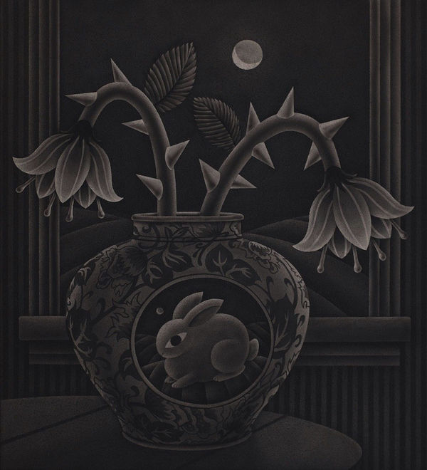 black and white painting of a vase decorated with a rabbit and holding thorny flowers