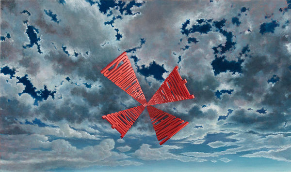 Painting of clouds with the words I STRADDLE THE GREAT BRINY BAY AND WARM MY HANDS OVER THE ANXIETY RADIATING FROM THE CITY’S CORE in a cross shape in bright pink