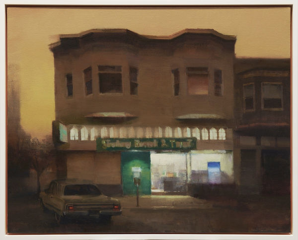 Kim Cogan painting of business with lights on inside from street view, twilight sky