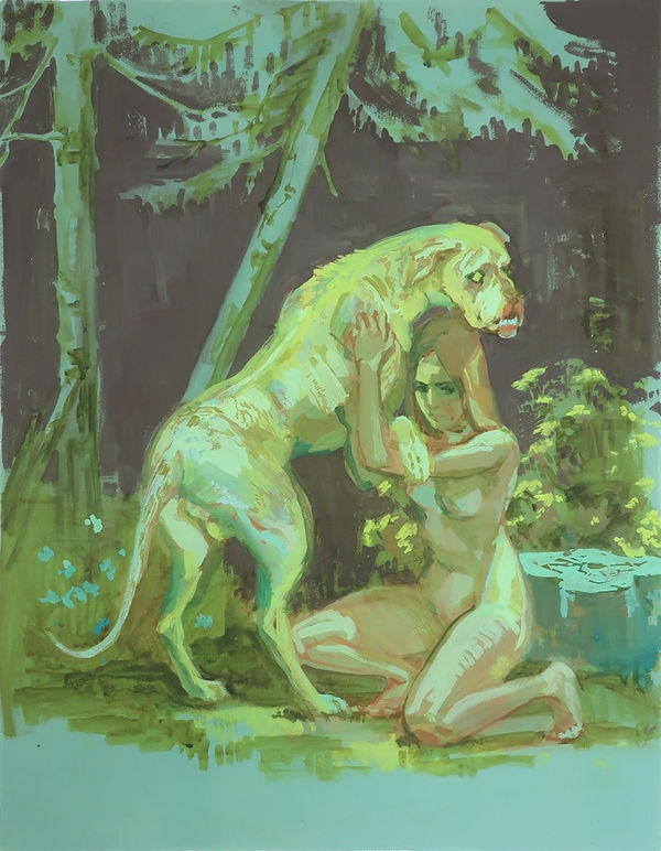 painting sketch of a large dog with its paws on the shoulders of a kneeling nude girl. The dog and girl are in the forest