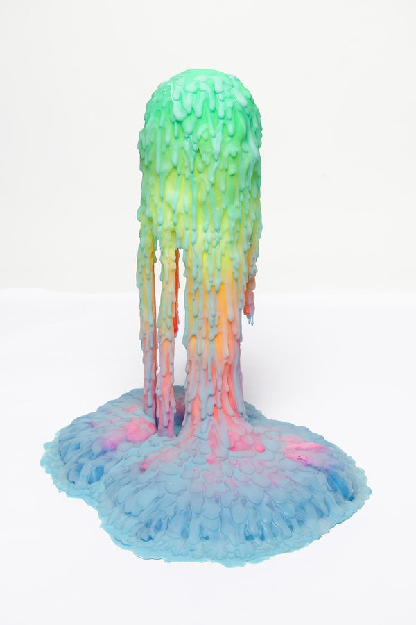 Dan Lam slime sculpture with gradient of green, red, and blue