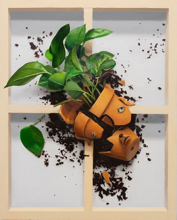 painting of a houseplant in a shattered pot with dirt spilling out and a dog face on the pot