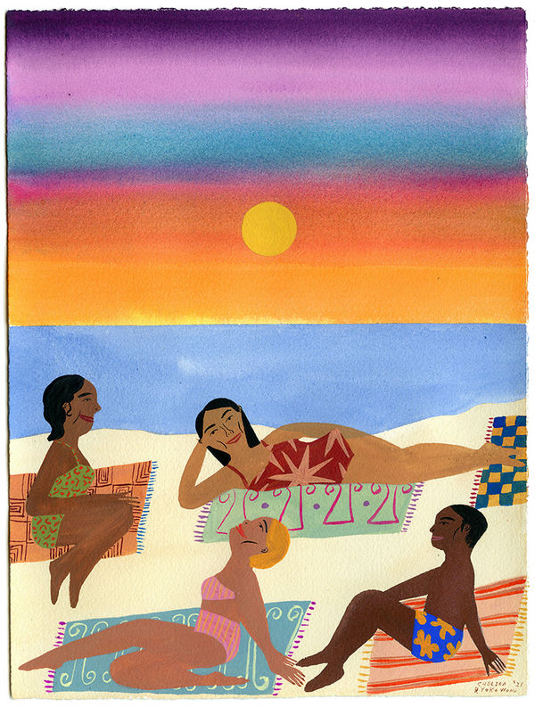 Chelsea Wong painting of bathers at beach during sunset
