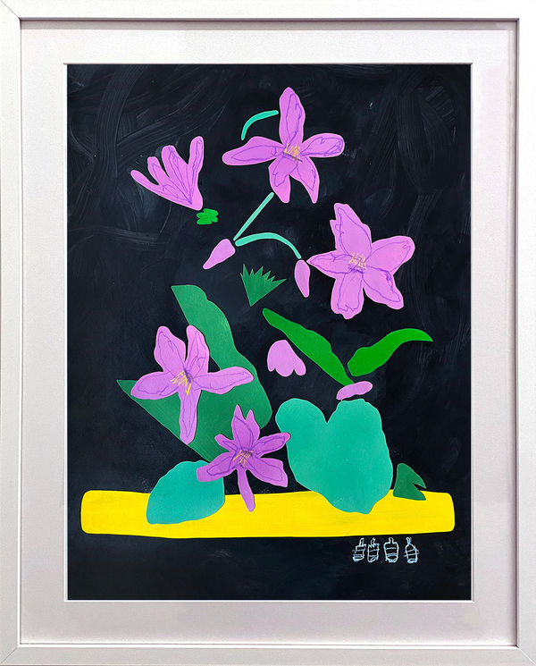 framed David Heo collage of purple flowers and green leaves with a yellow stripe on the bottom on a black background