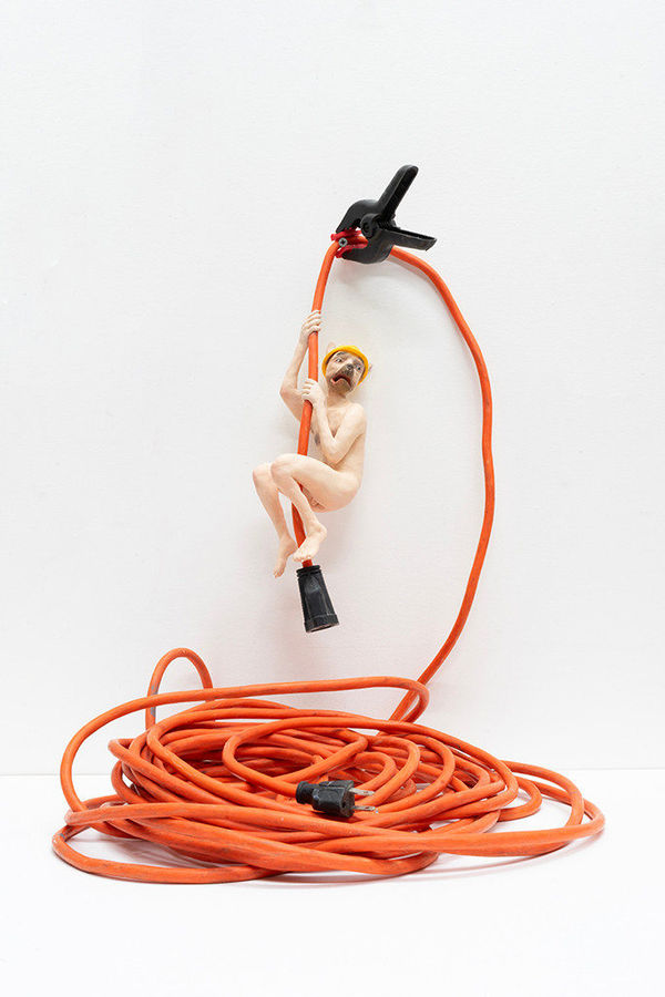 nude anthropomorphic dog hanging from orange extension cord