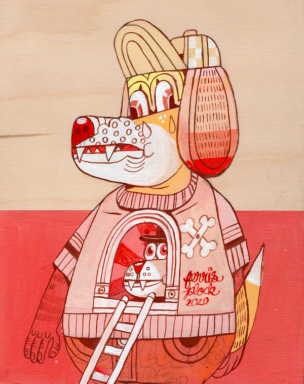 painting of a dog within another dogs belly