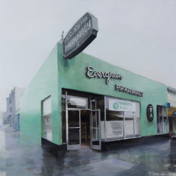 painting of a green building during the daytime - foggy scene