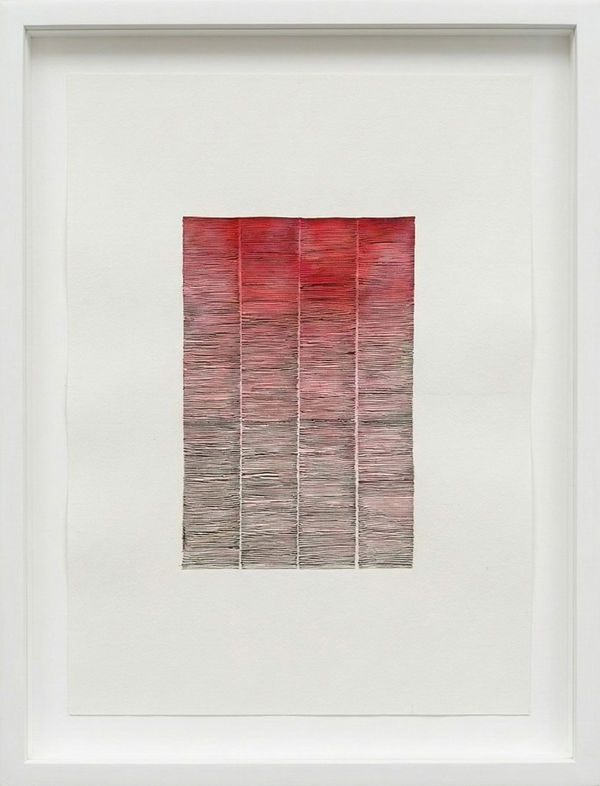 Ink and watercolor drawing of rectangles and lines with red