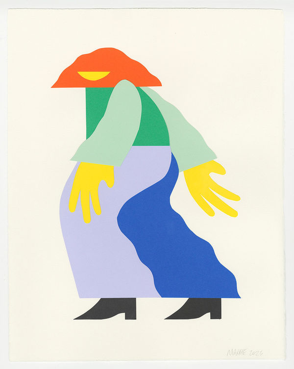 a figure slinks across the collage, one hand in front of her one behind. She's wearing blue and lavender pants, and a forest and mint green shirt. She has yellow skin and orange hair.