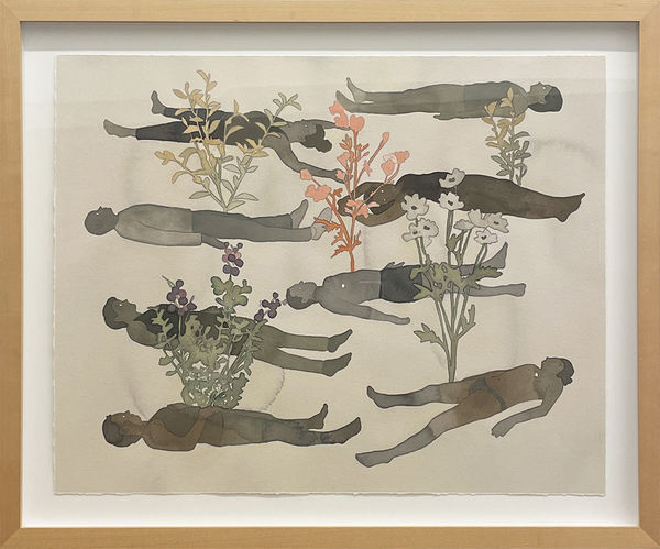 Painting on paper of 6 figures laying down with flowers blooming out of their bodies in wooden frame