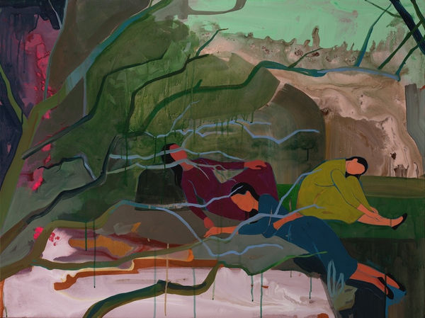 Painting of three women laying on grass and rocks surrounded by trees