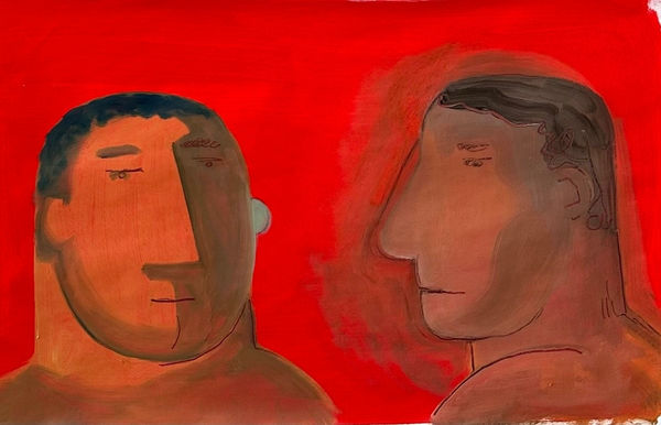 Carlos Rodriguez - painting on paper of two men looking at one another. The background was painted red.