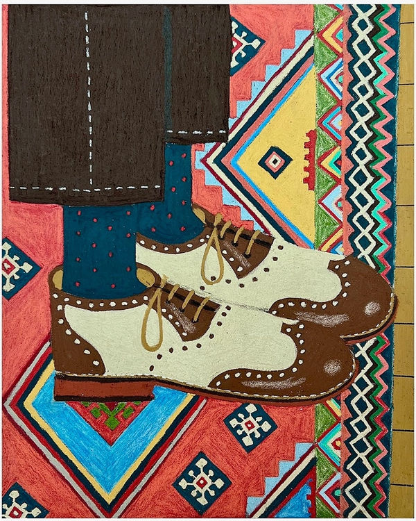 James Eddy painting of shoes on a colorful rug