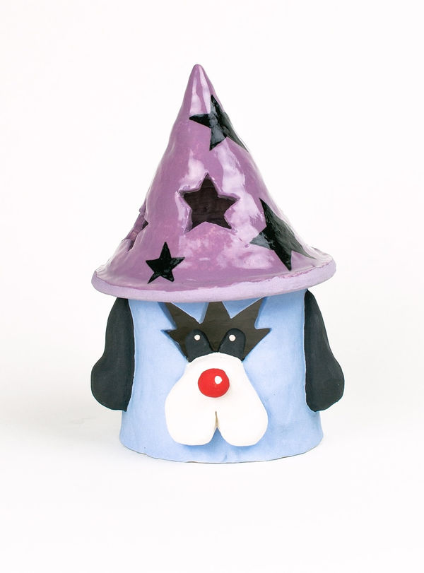 Christopher Gale's statue of a puppy wearing a purple hat