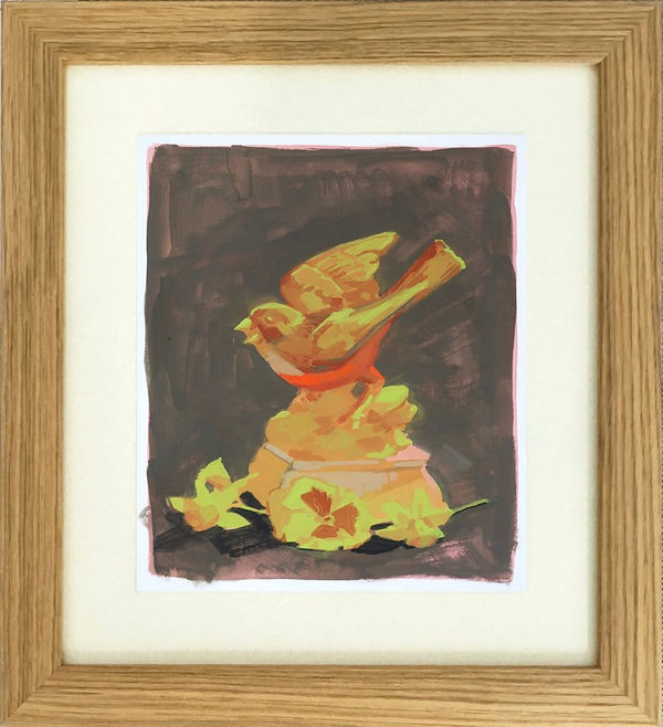 framed painting of a bird figuring over yellow cut flowers