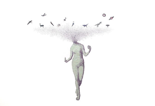 Collage on paper of a nude woman with letters coming out of her head