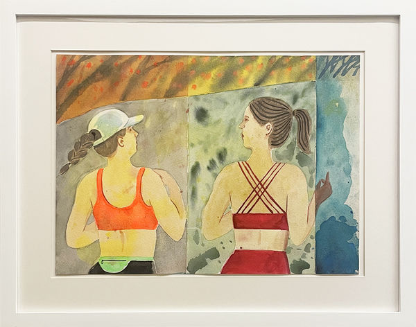 Painting on paper of two women running with a colorful rectangle background in white frame