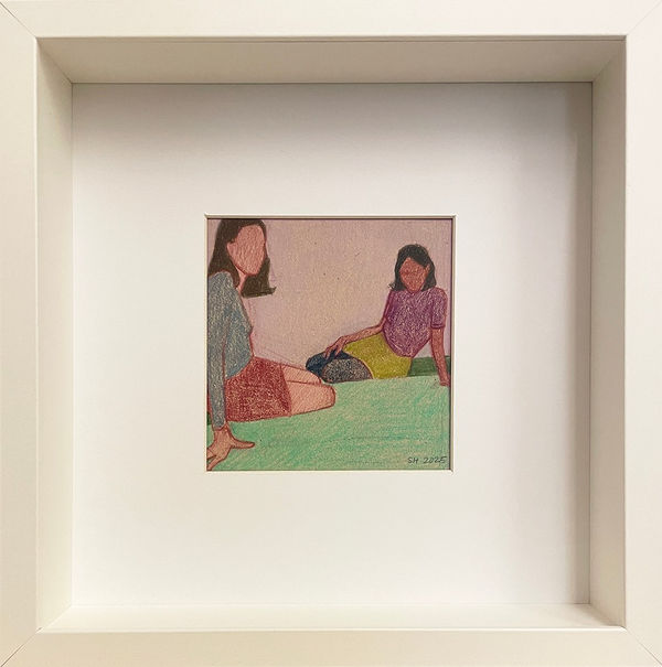 Drawing of two seated figures in front of a purple and green background in white frame