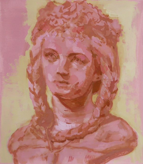 painted sketch of a pink bust scultpure
