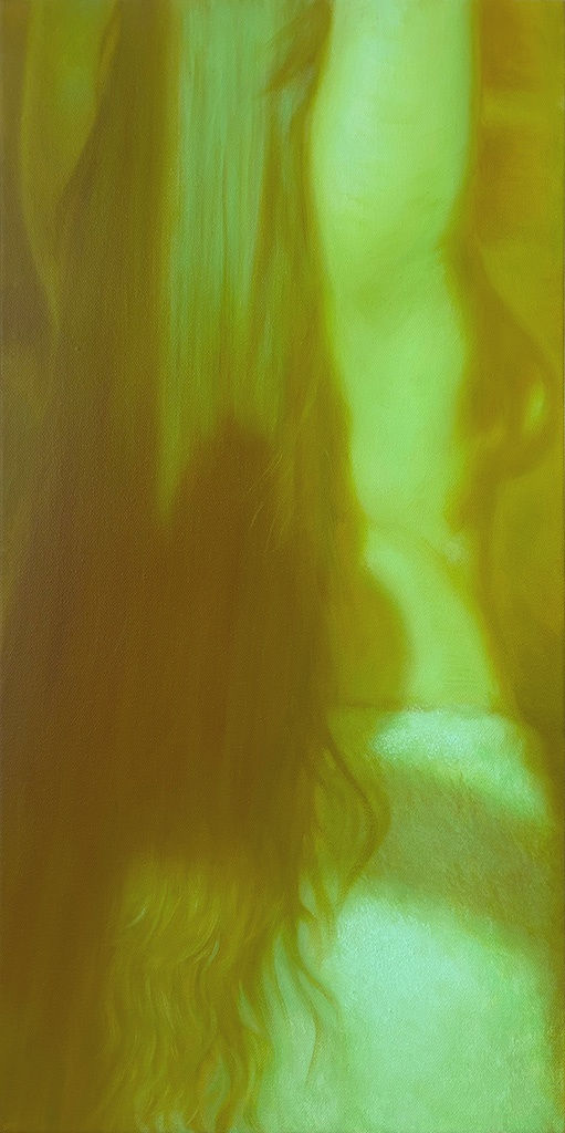 painting of the side of a womans figure bathed in a soft greenish yellow light