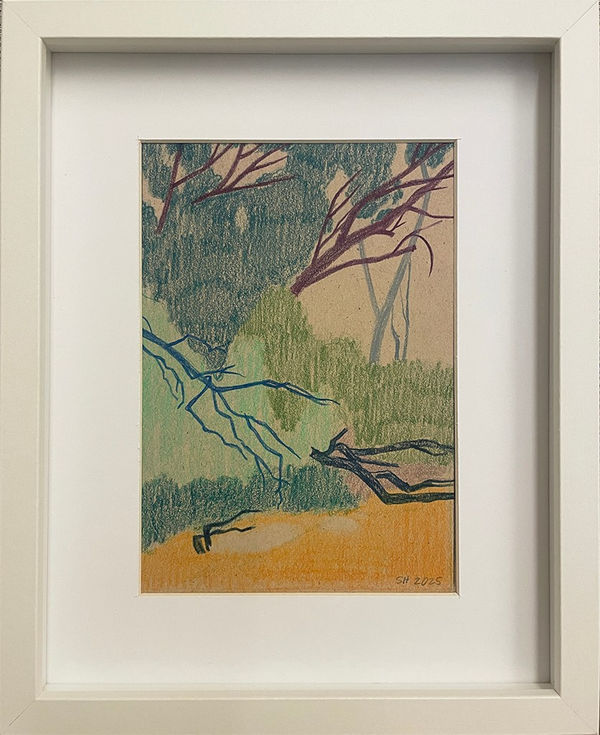 Drawing of blue and purple tree branches surrounded by abstract green leaves in white frame