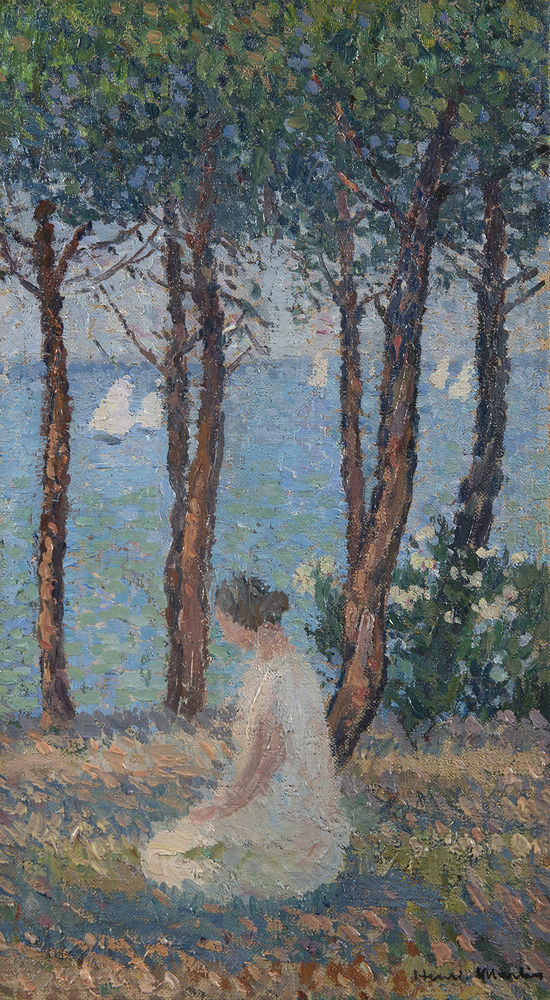 HENRI MARTIN, Femme dans le parc, (Muse agenouillée sous les pins devant la mer)
