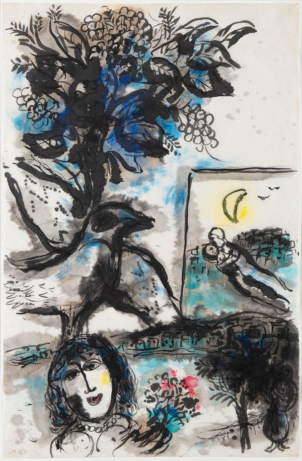 MARC CHAGALL: L' Oiseau À La Branche De Vigne Au-dessus De La Baie Animée, 1961, Lavis d'encre de Chine, gouache et graphite sur papier Japon