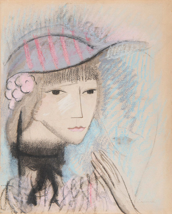 MARIE LAURENCIN, Jeune Femme au Chapeau Mauve, circa 1912-1913, Technique mixte sur papier