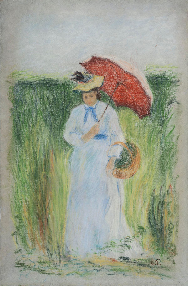 Camille Pissarro, Jeune Femme À l'Ombrelle, circa 1877, Pastel sur papier bleu-gris clair