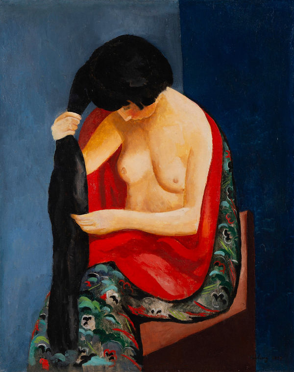 MOÏSE KISLING: Jeune Femme Assise Se Coiffant, 1918, huile sur toile
