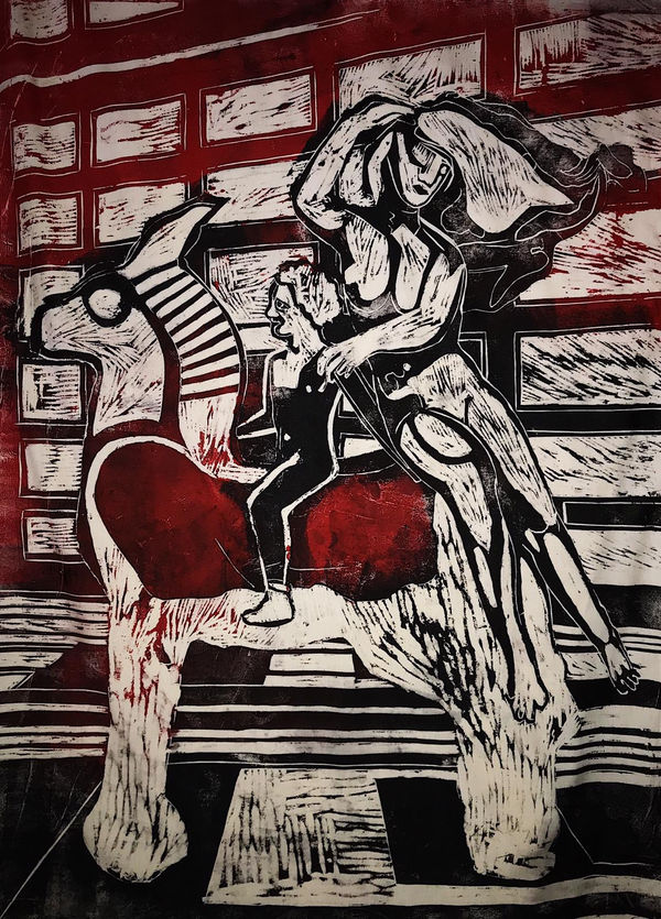 Katya Zvereva Brother, 2020 Woodcut engraving, ink on cotton 121 x 182 cm 47 5/8 x 71 5/8 in