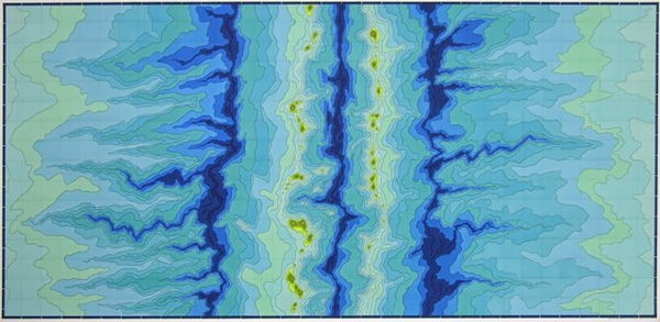 Multi-hued blue and green rough edged ambiguous shapes allude to topographic imaging of the ocean floor In the vertical center of the piece there are three dark blue shapes that resemble trenches