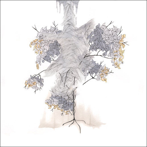 Mixed media piece of a large thin tree with five different leafy sections. The different sections appear to be pushed apart by a feathery braided form which drips down from the top center of the piece. The leaves of the tree are colored with a gray and yellow wash