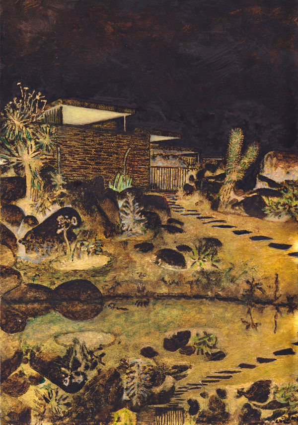 Landscaped desert garden and stone path is reflected in pond. Modern brick home stands tall above garden beneath night sky. Scene is painted in warm shades of gold.