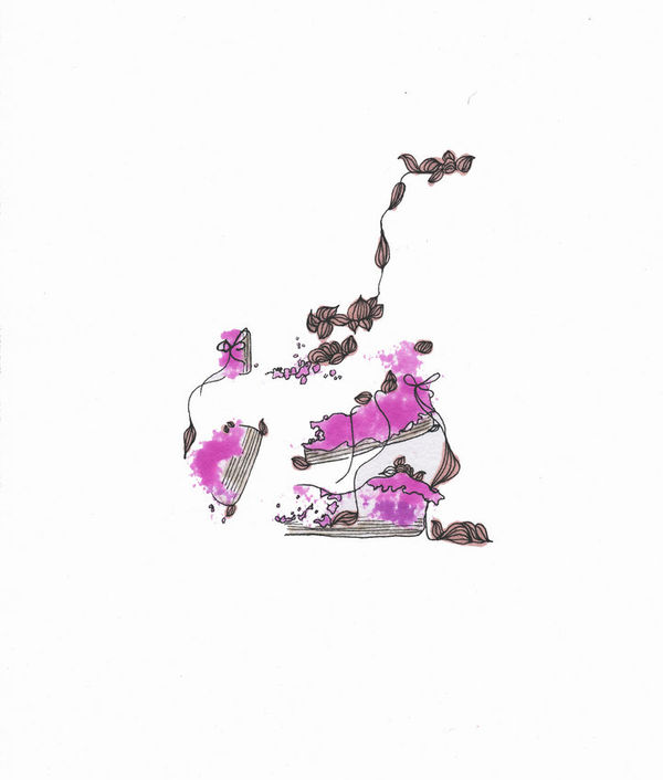 Ink and marker create the scene of a multiple layered black white and purple cake in the midst of falling apart. Thin black lines illustrate the tumbling cake and frosting decorations
