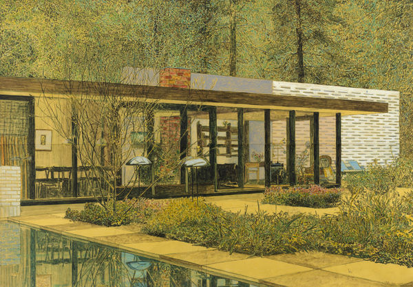 In front of dense foliage, interior of single-story modern home can be seen through large glass panels. In front, there is a landscaped patio and pool to the left of the composition that reflects the patio and house. Scene is painted in sepia and golden hues.