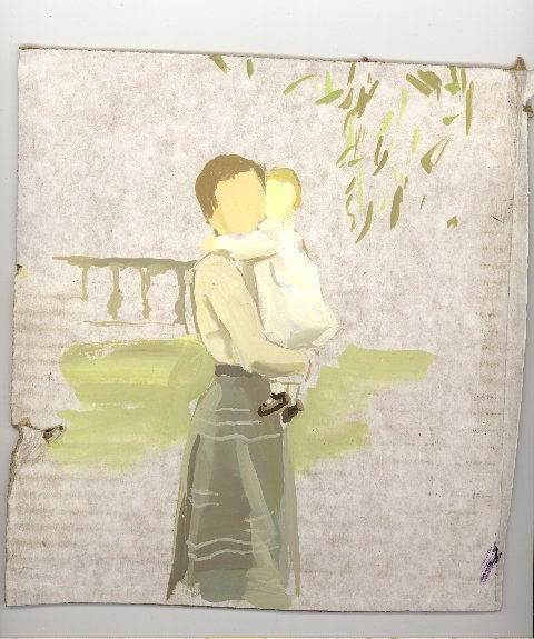 Faceless mother in long skirt and blouse holds faceless infant against her body while gazing towards the viewer. Behind her, green nature scene is depicted on exposed cardboard surface.