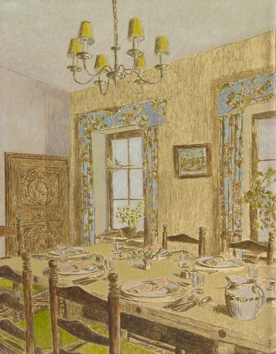 Dining table with wooden chairs is set for many people. Accent wall behind table is gold with blue floral curtains over windows. Scene is painted in sepia and metallic tones.