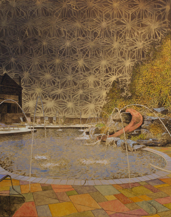Streams of water and a slide all feed into pool surrounded by tiled multi-colored patio and outdoor chairs. Dark night sky is filled with abstract star pattern. Scene is painted in warm sepia hues.