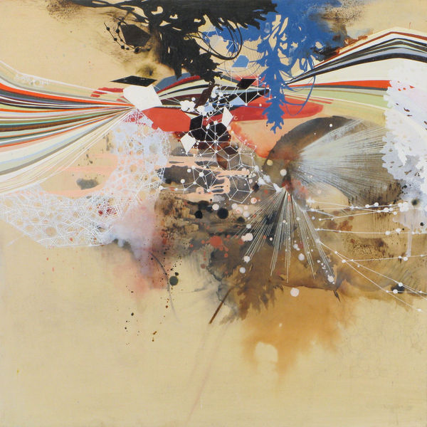 Abstract mixed media piece of a group of layered and interconnecting multicolored geometric patterns, paint splotches and washes, vegetal forms, and patterns reminiscent of scientific molecular diagrams. The layered patterns are concentrated in the upper portion of the work against a light yellow background