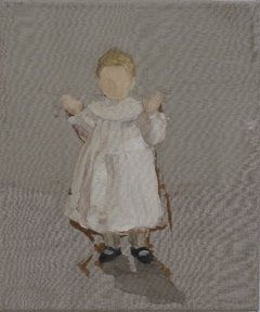 Small faceless child wearing a white dress raises her hands as if about to clap them together in front of a gray background.